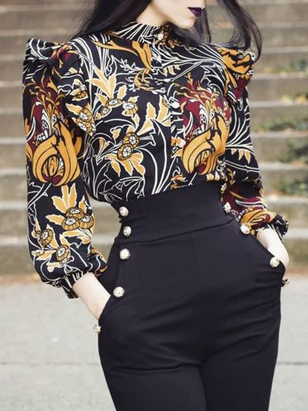 

Floral Stand Collar Regular Fit Vintage Shirt, Black, Tops