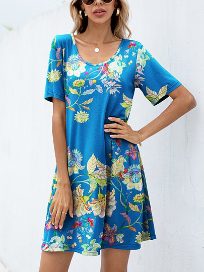 

Floral Cotton Blends Regular Fit V Neck Casual Vacation Dresses, Blue, Floral Dresses