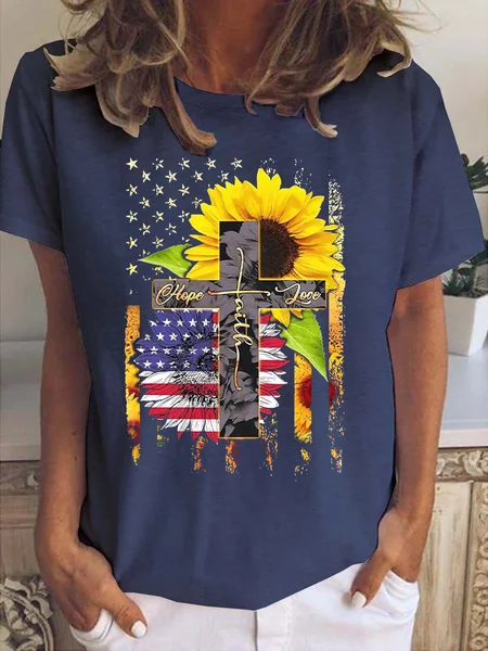 

Floral Theme Painting Women's Short sleeve tops, Deep blue, T-shirts