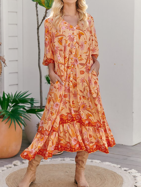

Plus size Floral V Neck Boho Short sleeve Woven Dress, Orange, Midi Dresses