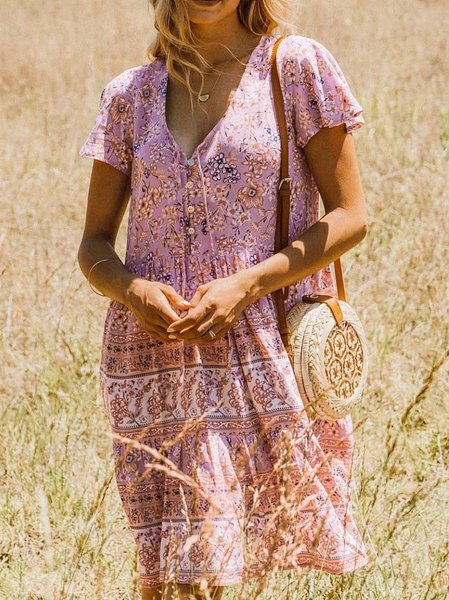 

V Neck Vacation Short sleeve Woven Dress, Lavender, Midi Dresses
