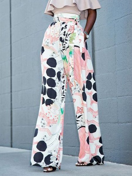 

Long Floral Casual Daily Pants, Pink, Straight Leg Pants