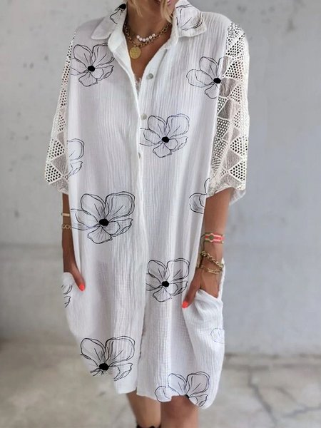 

Cotton Blends Casual Shirt Collar Dresses, White, Midi Dresses