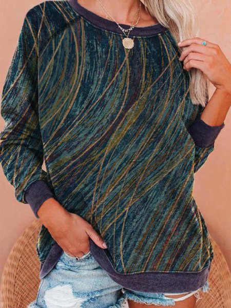 

Round Neckline Printed Loose Casual Sweatshirts, Blue, Sweatshirts & Hoodies