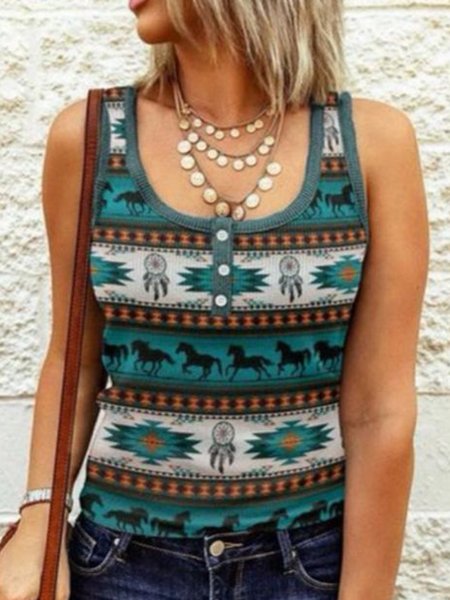 Buttoned Regular Fit Tribal Vests, Cyan, Tanks & Camis