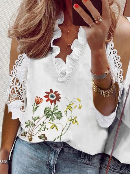 

Romantic Floral Loosen Ruffle Collar Short sleeve tops, White, Tops