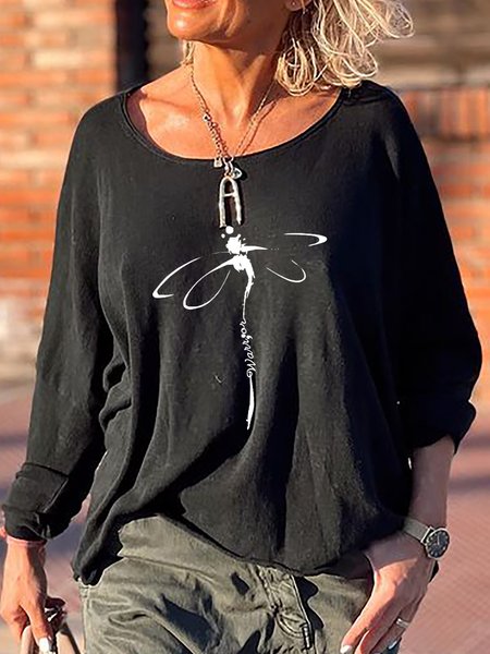 

Cotton Blends Casual Dragonfly Printed Long Sleeves T-shirt Shirts & Tops, Black, T-Shirts