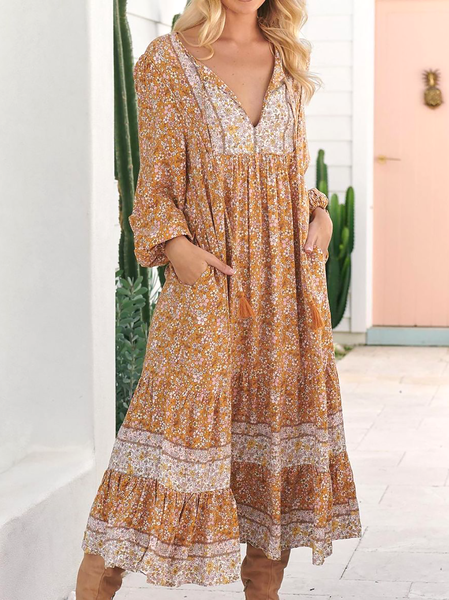 

Plus size Boho Floral Long Sleeve Dresses, As picture, Midi Dresses