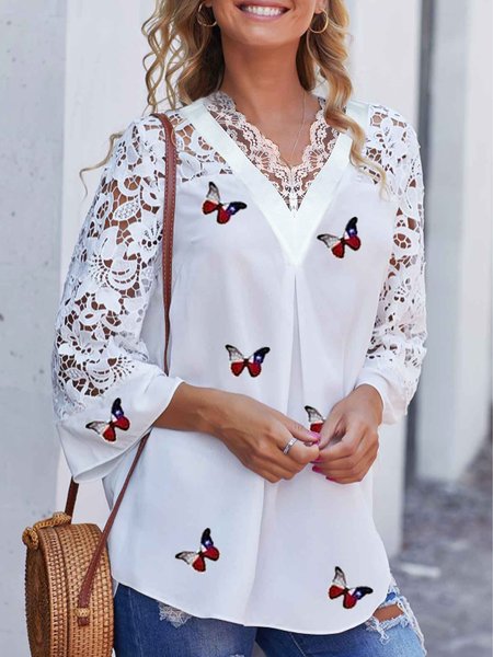 

Butterfly print lace stitching spring new designer women's casual shirt, White, Blouses & Shirts
