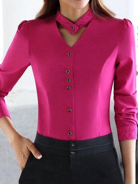 

Elegant Regular Fit Long Sleeve Plain Daily Top, Rose red, Blouses and Shirts