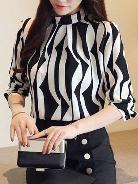 

Long sleeve Abstract Stand Collar Daily Top, Black, Tops