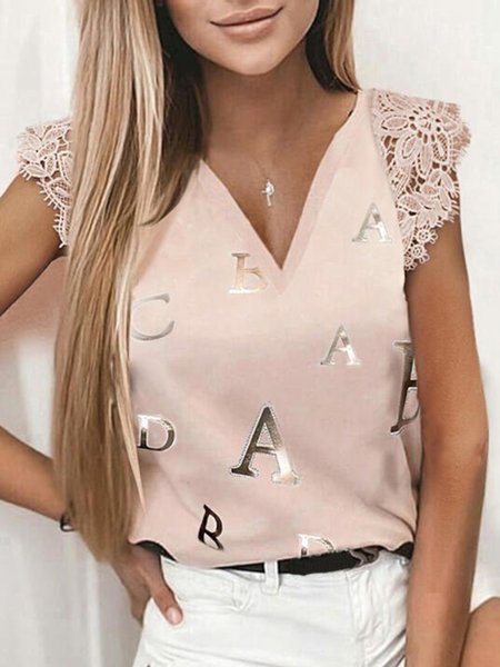

Casual Lace Short Sleeve V Neck Plus Size Printed Tops T-shirts, Pink, T-Shirts