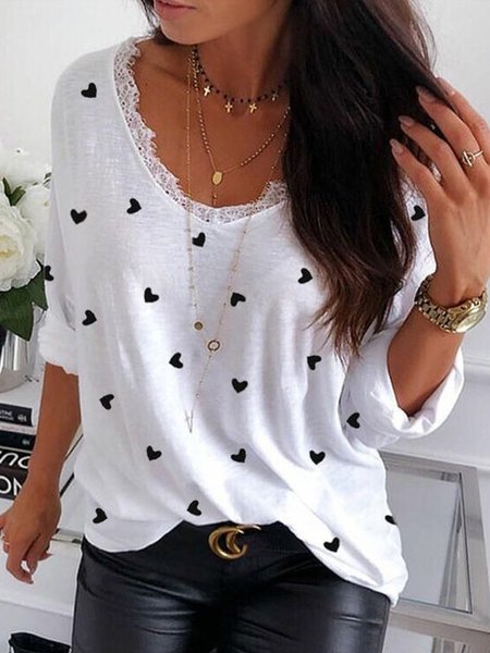 

Plus Size Casual Heart Loosen V neck Lace Shirts & Tops, White, T-Shirts