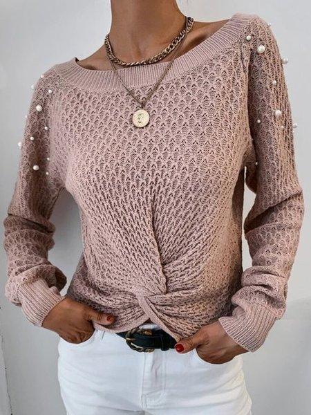 

Knot Front Crew Neck Casual Sweater, Dusty pink, Sweaters