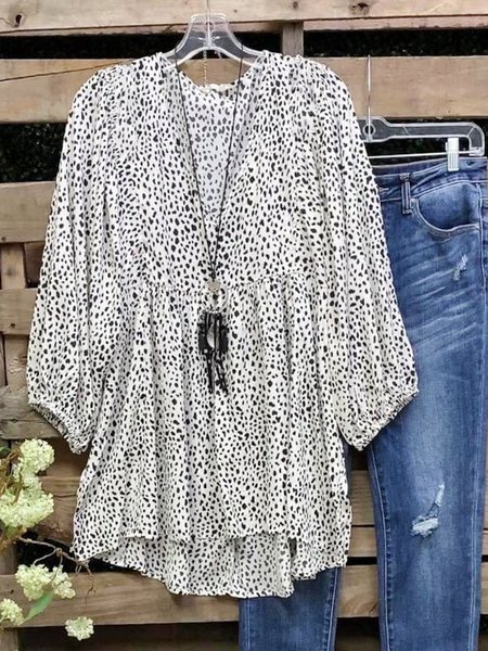 

Crew Neck Polka Dots Loosen Long sleeve tops, White, Tops