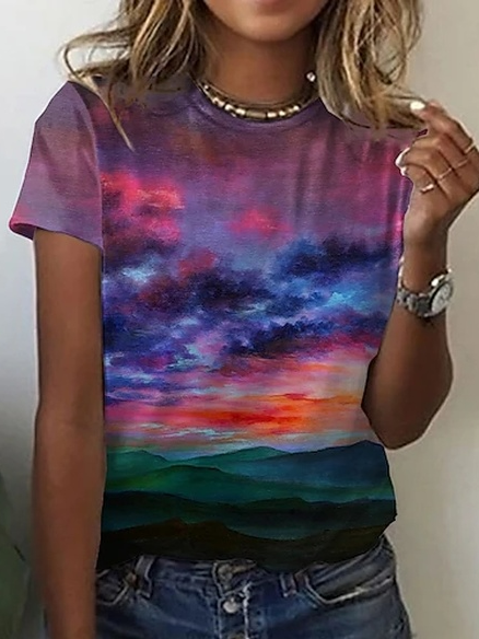 

Casual Ombre Cotton Blends Crew Neck Shirts & Tops, Multicolor, T-Shirts