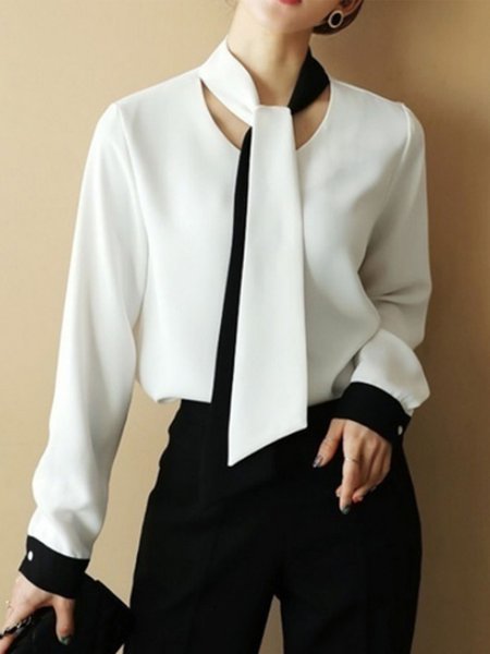 

Tie Neck Simple Color Block Long Sleeve Top, Black-white, Blouses and Shirts