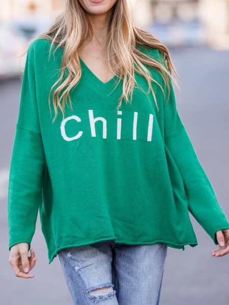 

V Neck Wool/Knitting Letter Sweatshirt, Green, Knitwear & Sweaters
