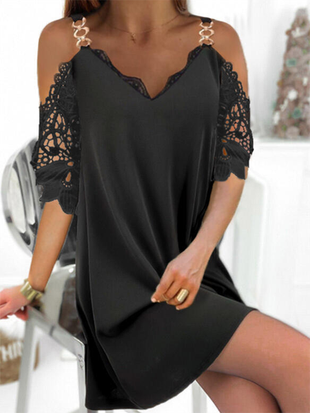 Short sleeve Casual Lace V Neck Dresses, Black, Mini Dresses