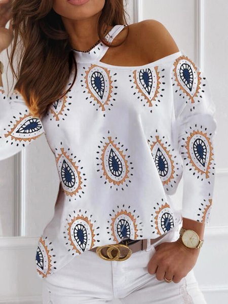 

Boho Tribal Floral One Shoulder Loosen Cotton Blends Shirts & Tops, Flower, T-Shirts