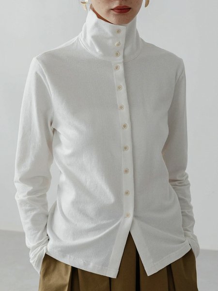 

High Neck Plain Simple Long Sleeve Top, White, Blouses and Shirts