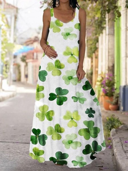 

Cotton Blends Vacation Floral Shamrock Loosen Long Dresses Plus Size, White, Floral Dresses