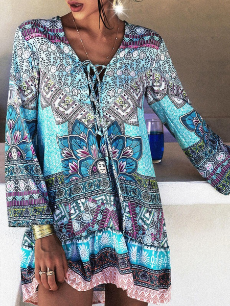 

Plus size V Neck Boho Dresses, Blue, Mini Dresses