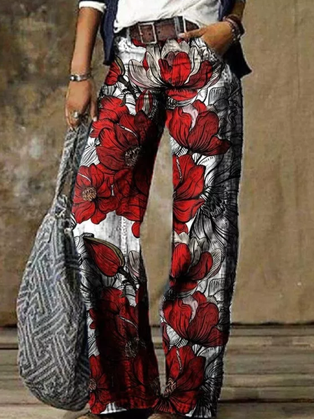 

Cotton Blends Pockets Floral Zipper fly Straight Leg Pockets Pants, Black, Pants