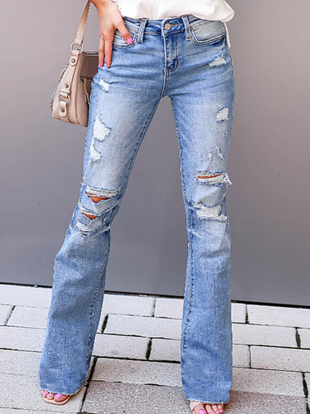 

Mid Waist Solid Pocket Ripped Denim Flare Leg Denim & Jeans, Blue, Jeans