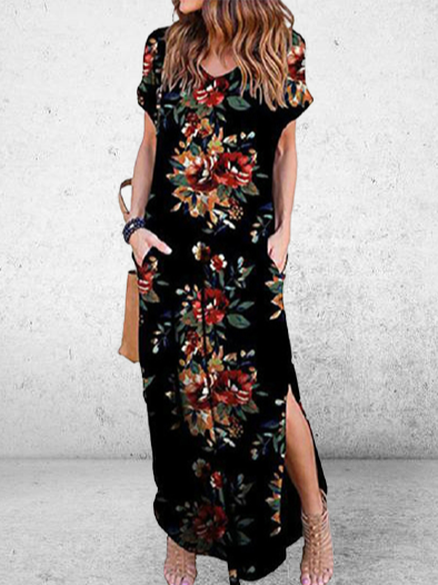 

V Neck Vacation Cotton Blends Dresses, Black, Maxi Dresses