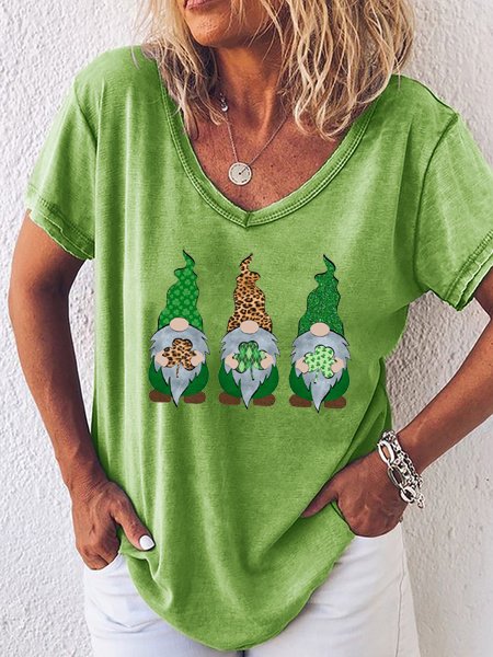 

St. Patrick's Day Gnome Print V-Neck Short Sleeve T-Shirt, Green, T-shirts