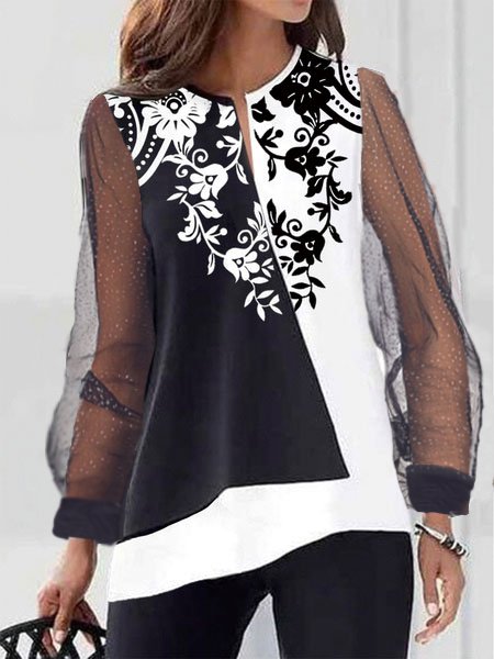 

Mesh Floral See-Through Look Shirts & Tops, Black-white, Tops