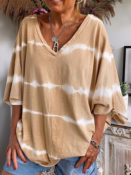 

V Neck Striped Half Sleeves Cotton Blends Shirts & Tops, Khaki, T-Shirts
