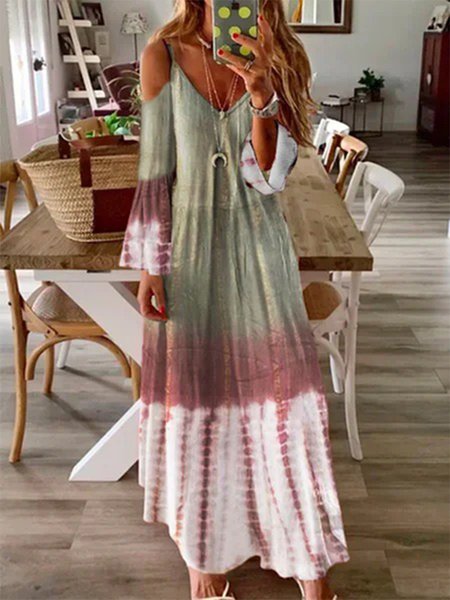 

Ombre Long Sleeve Lace V Neck Plus Size Casual Dresses, Multicolor, Maxi Dresses