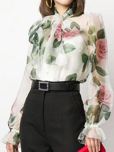 

Floral Tie Neck Elegant Long sleeve Top, White, Tops