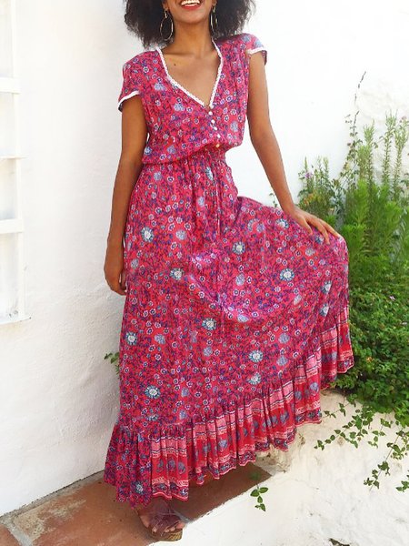 

Boho Loosen V Neck Short sleeve Woven Dress, Red, Maxi Dresses