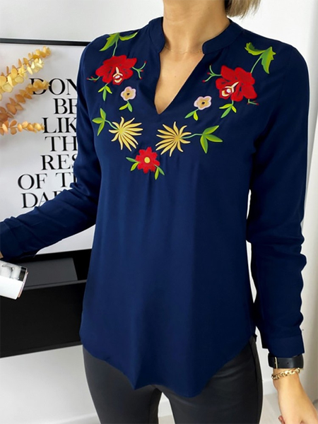 

Floral V Neck Long sleeve Casual Long sleeve tops, Dark blue, Tops