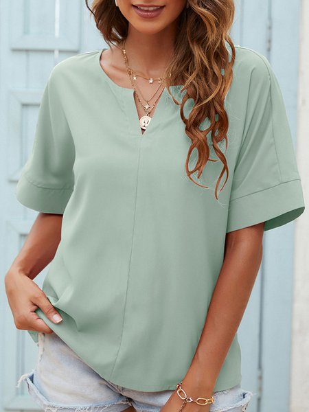 

Casual Vacation Solid Notched Neck Short Sleeve Blouse Tops, Green, Tops