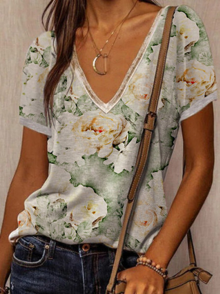 

Casual Floral V Neck Shirts & Tops, Green, T-Shirts