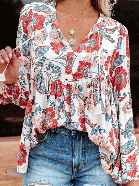 

split neck bubble sleeve floral pacthwork blouse, Red, Tops