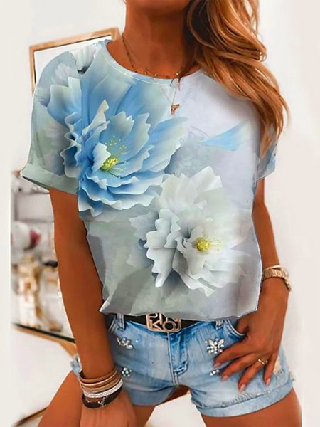 

Women's Short Sleeve Crew Neck Blue Floral Print T-Shirt, T-Shirts