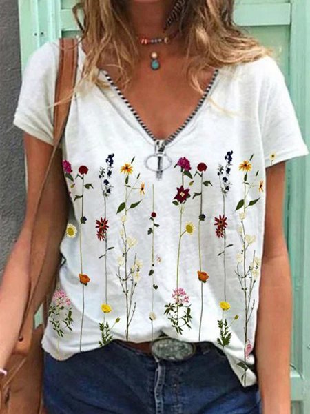 

Floral Loosen V Neck Zipper Shirts & Tops, White, T-Shirts