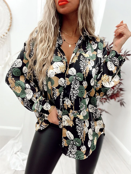 

Long sleeve Shirt Collar Leaves Casual Long Sleeve Blouse, Black, Blouses & Shirts