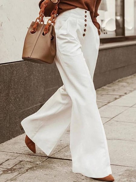 

Solid Regular Fit Daily Simple Pants, White, Wide Leg Pants