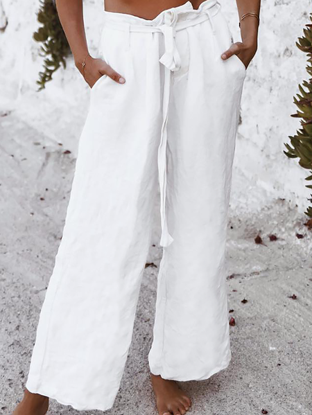 

Linen Plus size Plain Casual Pants, White, Pants