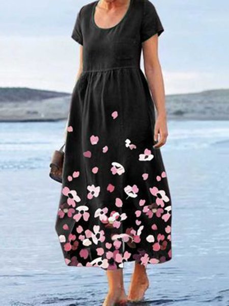 

Floral Casual Round Neck A-line Short sleeve Woven Dress, Black, Dresses