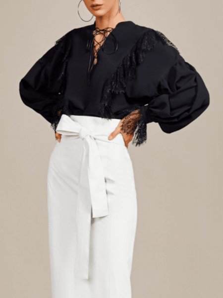 

Spring V neck Loosen Elegant Lightweight Long sleeve Tops, Black, Tops