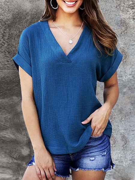 

Cotton V Neck Casual Shirt Sleeve Shirts & Tops, Blue, T-Shirts
