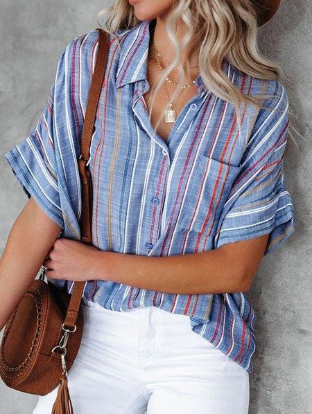 

Striped Casual Loosen Mid Sleeve Blouse, Blue, Blouses & Shirts