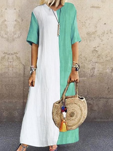 

Casual Boho Loosen Color Block V Neck Dresses, As picture, Maxi Dresses